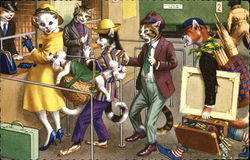 Cats in Line at Ticket Office Dressed Animals Postcard Postcard Postcard