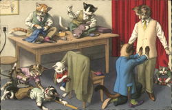 Cats working as tailors in a shop. Postcard Postcard Postcard