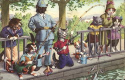 Illustration of Cats Dressed as Humans Fishing Postcard Postcard Postcard