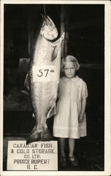 Young girl poses with huge 57 pound Fish Canadian Fish & Cold Storage Co. Postcard