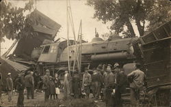 People standing next to a train that has been wrecked Disasters Postcard Postcard Postcard