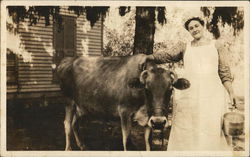 Cow With Dairy Maid And Milking Pail Postcard