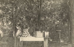 Men With Table of Canned Goodes in the  Woods Postcard Postcard Postcard