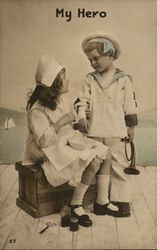 "My Hero" - Young Girl Dressed as Nurse and Young Boy Children Postcard Postcard Postcard