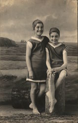 Two Young Women in Bathing Suits on Los Angeles Beach 1917 Postcard