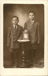 Two Boys Standing By Table With Book Children Postcard Postcard Postcard