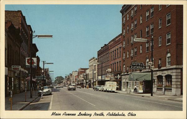 Main Avenue Looking North, Downtown Ashtabula, Oh Postcard