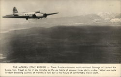 United Air lines Boeing Monoplanes. Circa 1930 The Modern Pony Express Airline Advertising Postcard Postcard Postcard