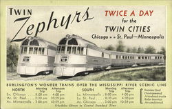 Twin Zephyrs Chicago->St. Paul-Minneapolis Trains, Railroad Postcard Postcard Postcard