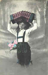 Girl with Accordian - Tinted Postcard