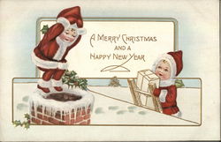 A Merry Christmas and a Happy New Year - children on the roof preparing to go down the chimney Postcard