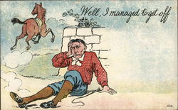 Well I managed to get off - man laying on the ground as a saddled horse runs away Postcard