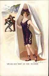 we do see "side" at the seaside - men spying on risque woman at the beach Swimsuits & Pinup Postcard Postcard Postcard