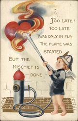 Boy extinguising a fire in a heart Postcard