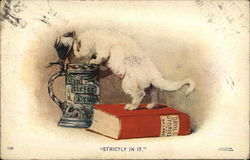 Strictly in it - Cat standing on a book (Droll Stories) poking its head into a beer stein Postcard