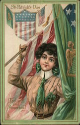 St Patricks Day - Ireland and America! - woman holding both an American and an Irish flag St. Patrick's Day Postcard Postcard Postcard