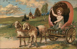 Easter Greetings - child driving an egg shaped cart with a team of lambs With Lambs Postcard Postcard Postcard