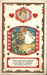 Baby Angel Inset Above a Girl Watering the Flower Garden Postcard