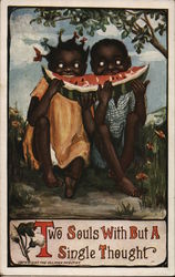 Two souls with but a single thought - two black children eating a watermelon Postcard