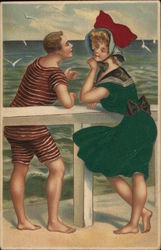 Man & Woman in swimsuits at the beach talking over the pier Swimsuits & Pinup Postcard Postcard Postcard