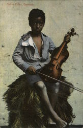 Young Black Lad Holding Violin and Bow on His Knee Black Americana Postcard Postcard Postcard