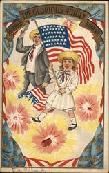 Hurrah The glorious 4th July Hurrah - girl waving flag, man shooting gun, firecrackers all around 4th of July Postcard Postcard Postcard