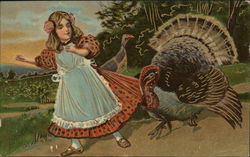 Turkeys with a girl in a pink dress and blue apron Postcard