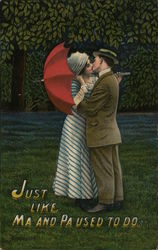 couple kissing with a red umbrella - Just Like Ma and Pa used to do Postcard