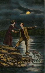 Man and Woman on Rocks Near Water With Moon Above Romance & Love Postcard Postcard Postcard