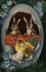 Happy Easter - bunnies and a chick in an egg With Bunnies Postcard Postcard Postcard