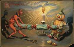 Halloween - devil and scarecrow pulling a popper in front of a candle Postcard Postcard Postcard