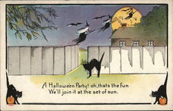 Three Black Cats with Hunched Back and Witch Flying in Backgrond Halloween Postcard Postcard Postcard