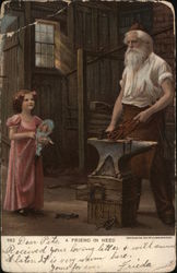 Santa Blacksmith Fixing Toys Near Little Girl With Doll Postcard