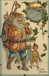 A Merry Christmas - Santa blowing a horn with an elf Santa Claus Postcard Postcard Postcard