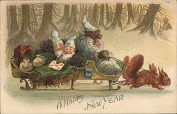 A Happy New Year - elves on a sled drawn by squirrels Postcard