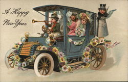 A Happy New Year - children in a model T car Postcard