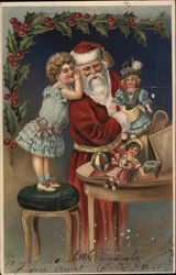 Girl whispering in Santa's ear as he leaves toys Christmas Postcard Postcard Postcard