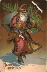 Merry Christmas - Santa carrying toys and a tree Santa Claus Postcard Postcard Postcard