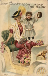 Best wishes - a woman and boy in a roadster Cupid Postcard Postcard Postcard