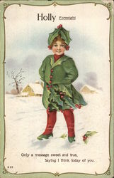 Smiling Young Person Dressed in Holly Leaves With Berry Buttons Postcard