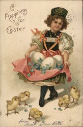 All happiness for Easter - girl holding eggs and flowers in her apron with chicks at her feet Postcard Postcard Postcard