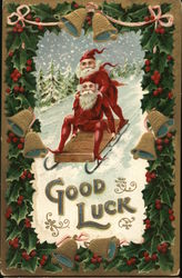 Good luck - elves sledding with a Christmas theme Postcard Postcard Postcard