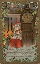 Santa Standing Next to Grandfather Clock Santa Claus Postcard Postcard Postcard