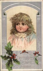 Christmas Greetings - little girl with holly borders Postcard