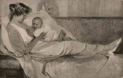 Mother laying on the couch with a baby - "the Young Mother" by Mary Curtis Richardson Postcard