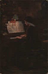 Woman playing the piano in the dark Postcard