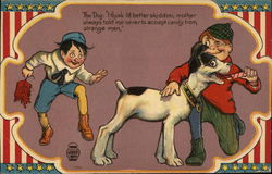 Dog Being Fed Candy by One Boy While Another Sneaks Up With Firecrackers in Hand Dogs Postcard Postcard Postcard