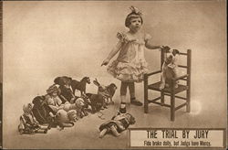 The trial by jry Fido broke dolly, but judge have mercy - girl with dog, broken doll, and dolls Comic, Funny Postcard Postcard Postcard