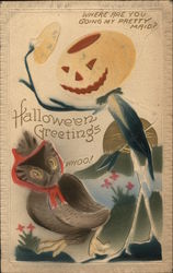 Halloween Greetings - Jack O Lantern greeting a hooting bonnetted owl Postcard Postcard Postcard