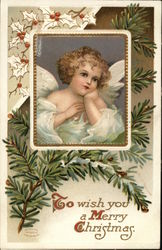 Golden Haired Young Angel in White with Pine Branch in Background Angels Postcard Postcard Postcard